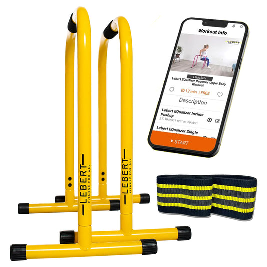 Lebert Fitness Dip Bar Stand - Original EQualizer Total Body Strengthener Pull Up Bar Home Gym Exercise Equipment Dipping Station - Hip Resistance Band Workout Guide and Online Group - Yellow
