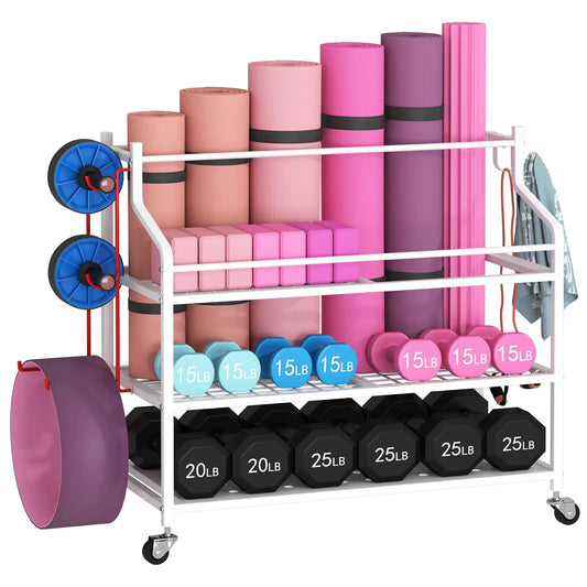 VILAWLENCE Home Gym Storage Large Rack White for Yoga Mat Dumbbells Kettlebells and Strength Training Equipment Dumbbell Weight Rack with Wheels
