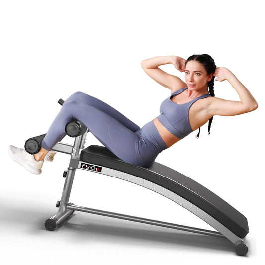 FitinOne Adjustable Decline Sit Up Bench with Reverse Crunch Handle Curved Ab Workout Equipment for Your Home Gym More Effective Workout Bench than Ab Machine and Roller Roman Chairs