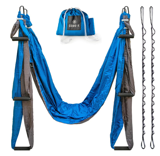 Core X - Heavy Duty & UV Protected Fabric Aerial Yoga Swing Workout Equipment for Strength & Balance - Home Gym Yoga Swing Set with Extra Long Daisy Chains for the Outdoors (Royal Blue/Gray)